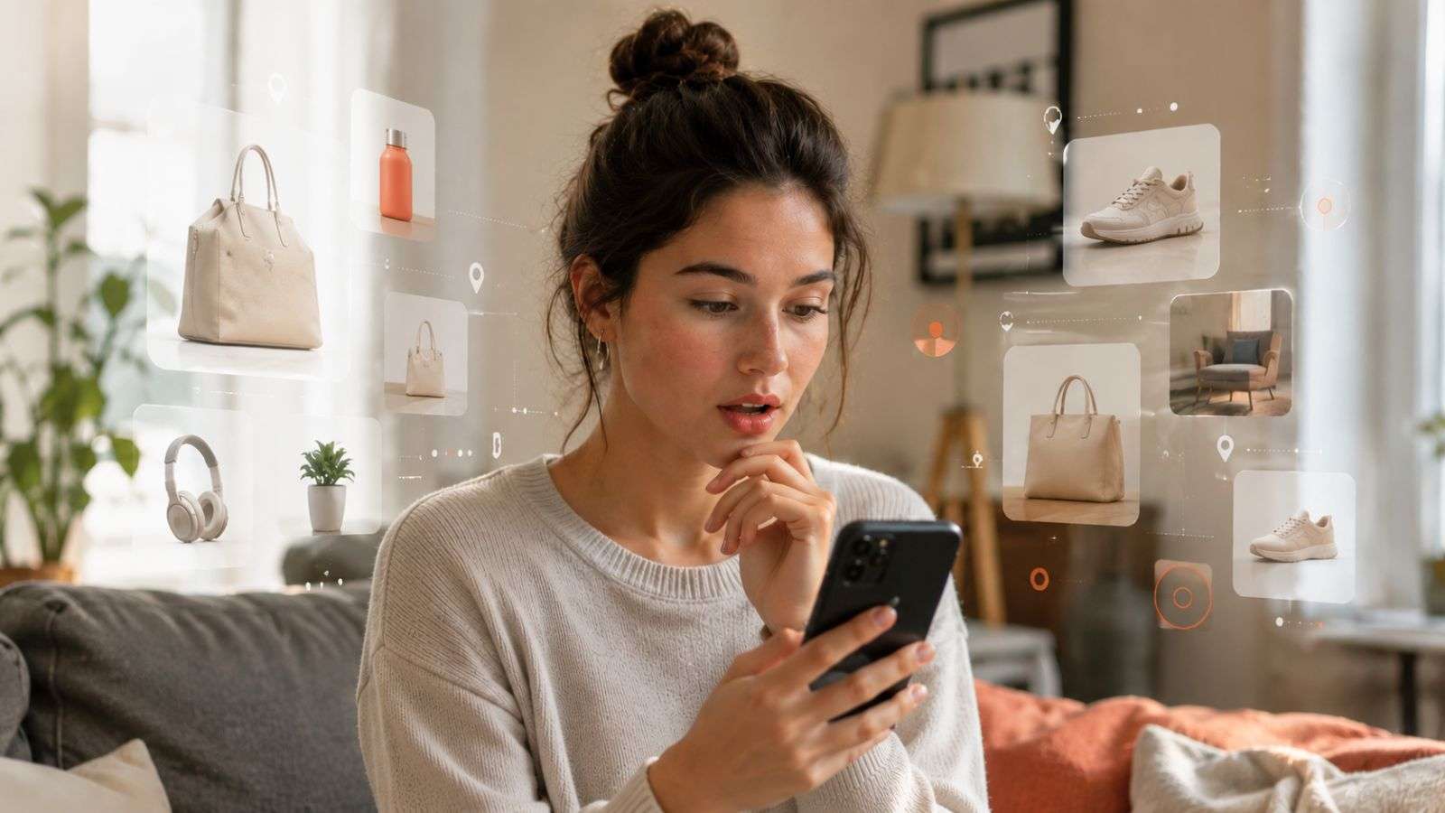 Mujer observa su teléfono mientras a su alrededor aparecen señales visuales relacionadas con recomendaciones y personalización digital.