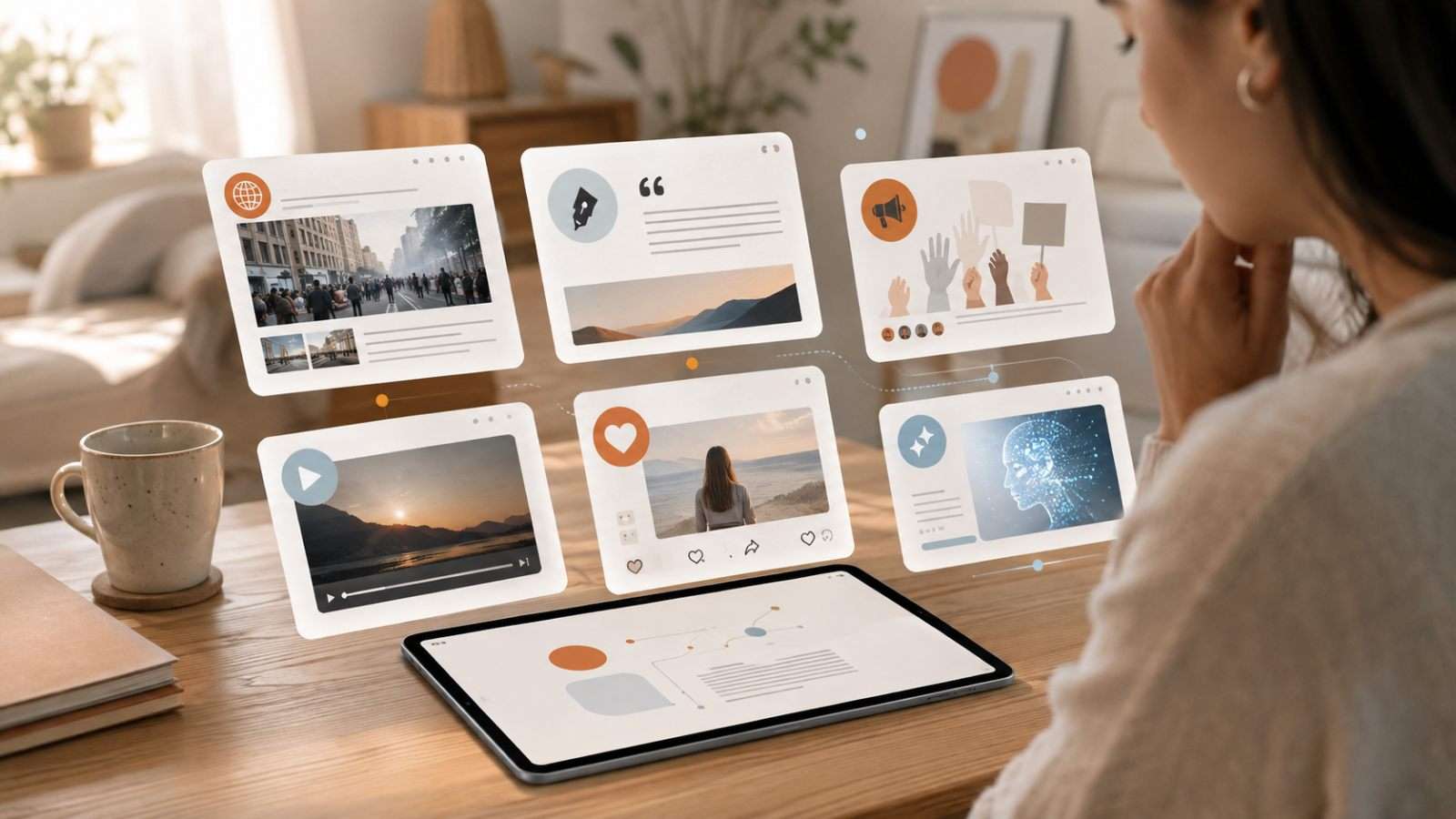 Dispositivo digital con varias tarjetas de contenido y una persona revisando información en un entorno cotidiano