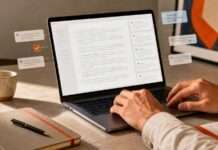 Manos masculinas escribiendo en una laptop con una interfaz de texto en revisión, en un entorno editorial contemporáneo.