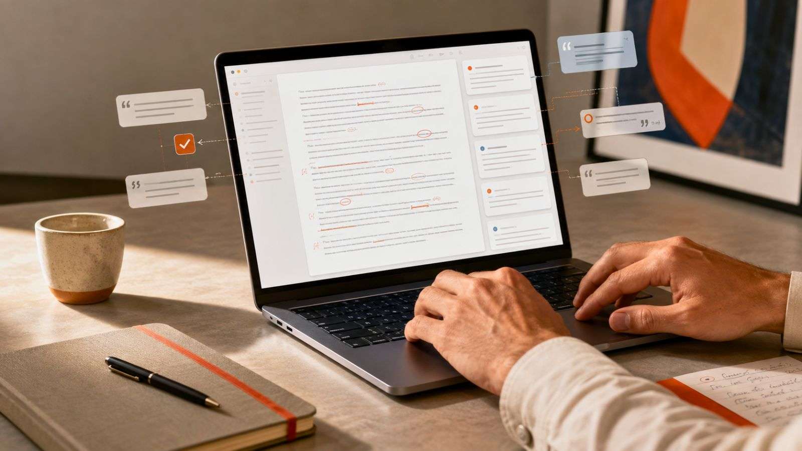 Manos masculinas escribiendo en una laptop con una interfaz de texto en revisión, en un entorno editorial contemporáneo.