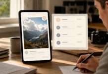 Dispositivo digital con señales visuales que representan etiquetas, procedencia y transparencia en contenido generado con inteligencia artificial