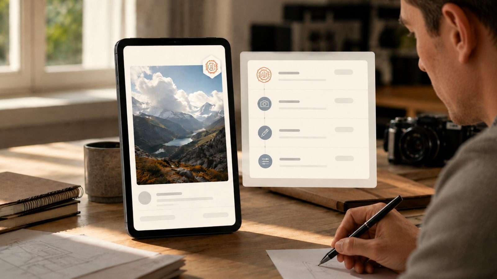 Dispositivo digital con señales visuales que representan etiquetas, procedencia y transparencia en contenido generado con inteligencia artificial