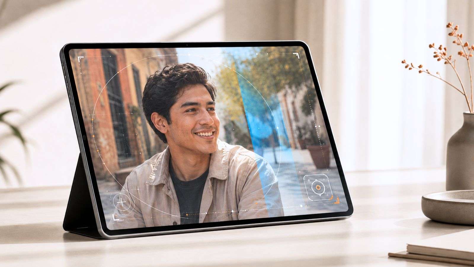 Pantalla moderna con la imagen de un hombre joven y señales visuales sutiles de procedencia y etiquetado digital.
