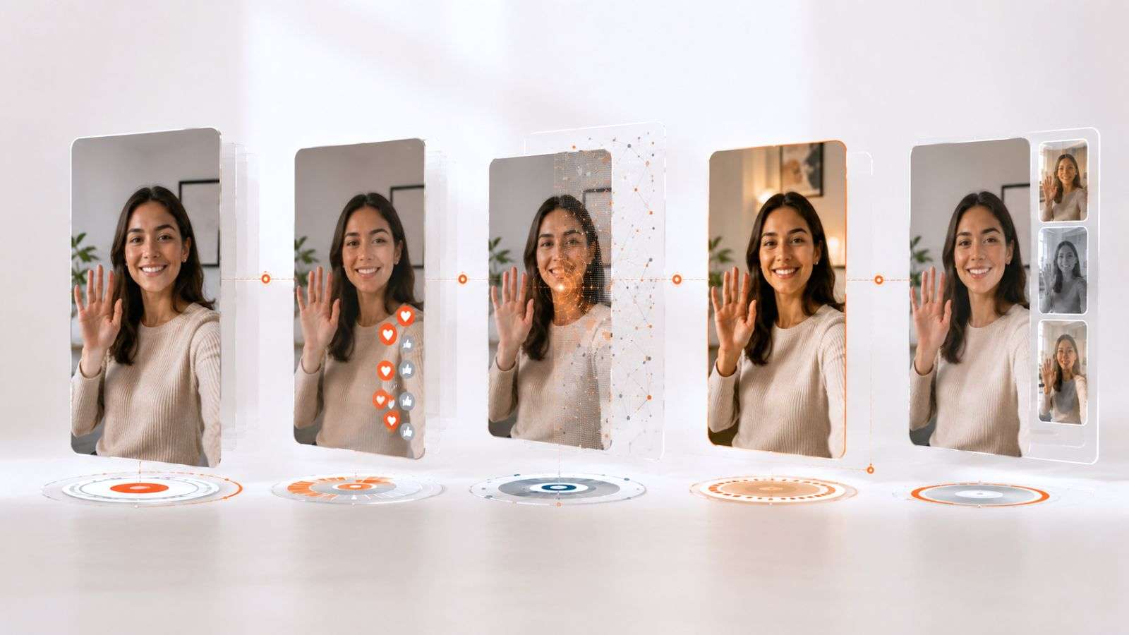 Un reel digital pasa por distintas etapas visuales mientras una persona observa de fondo, en una escena editorial sobre cómo la IA cambia el recorrido de un contenido.