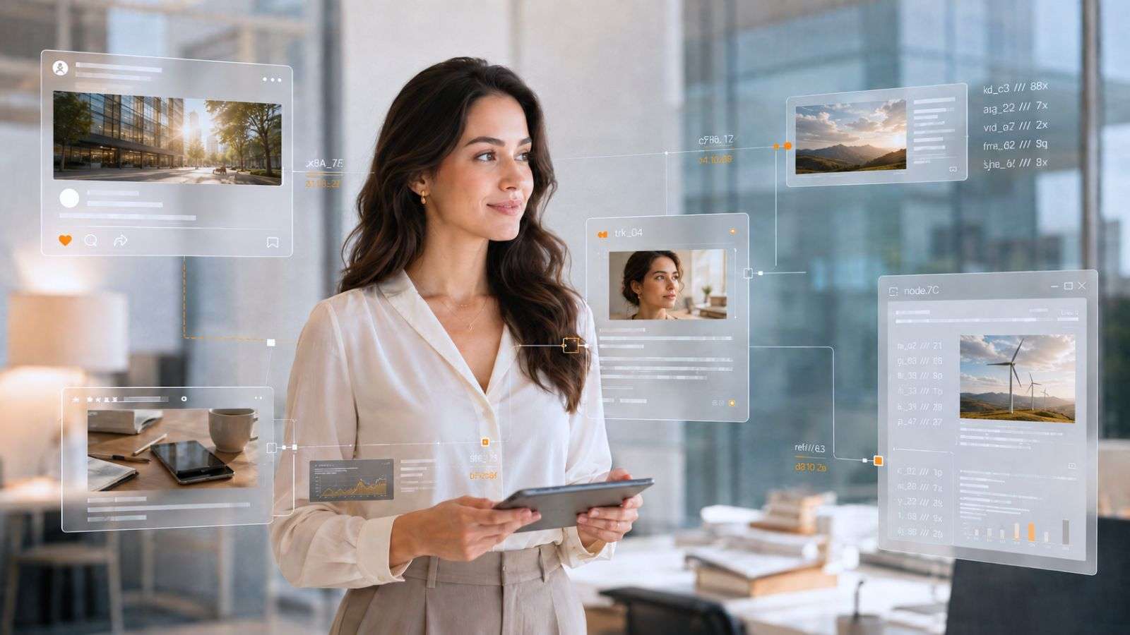 Persona joven observa capas de información y señales digitales que representan el recorrido y la permanencia de contenidos en internet.