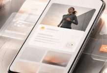Teléfono con una publicación de una mujer corriendo y una interfaz para compartir contenido digital