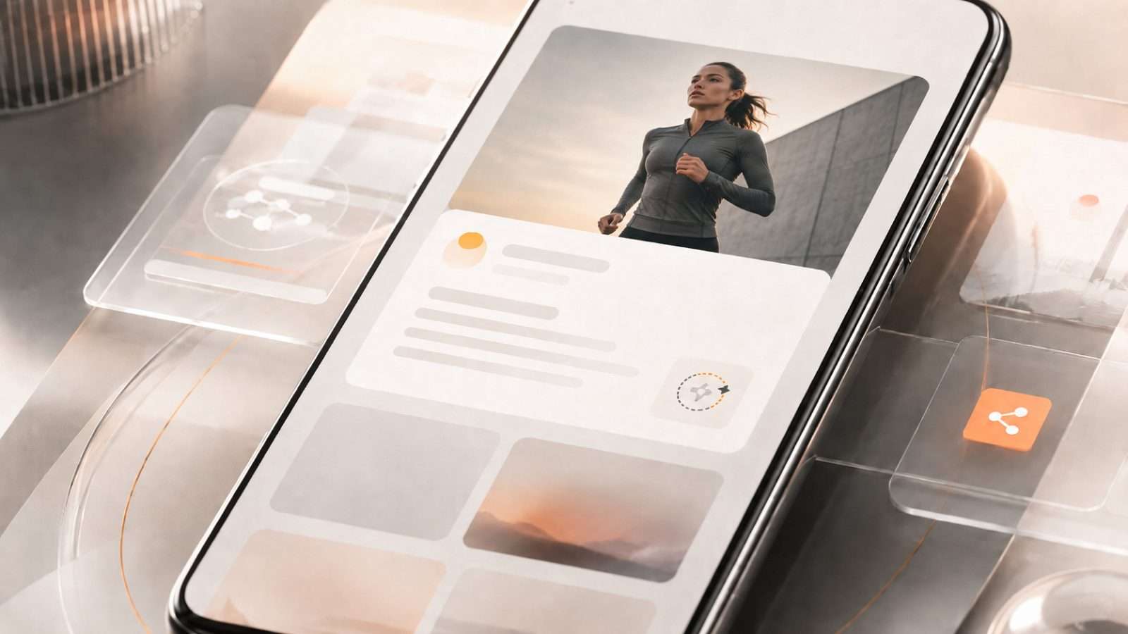 Teléfono con una publicación de una mujer corriendo y una interfaz para compartir contenido digital