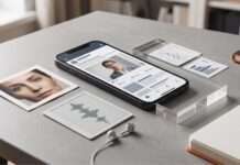 IA, rostros y voces: señales digitales que despiertan confianza Escena editorial con smartphone y elementos visuales que representan cómo se construye la confianza en contenidos digitales
