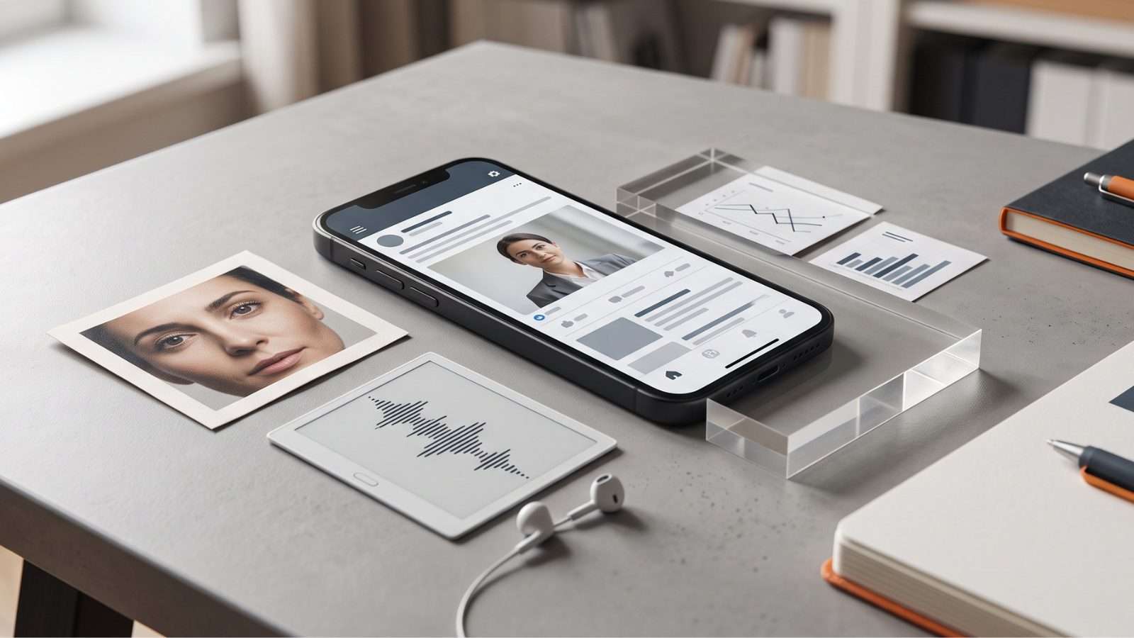 Escena editorial con smartphone y elementos visuales que representan cómo se construye la confianza en contenidos digitales