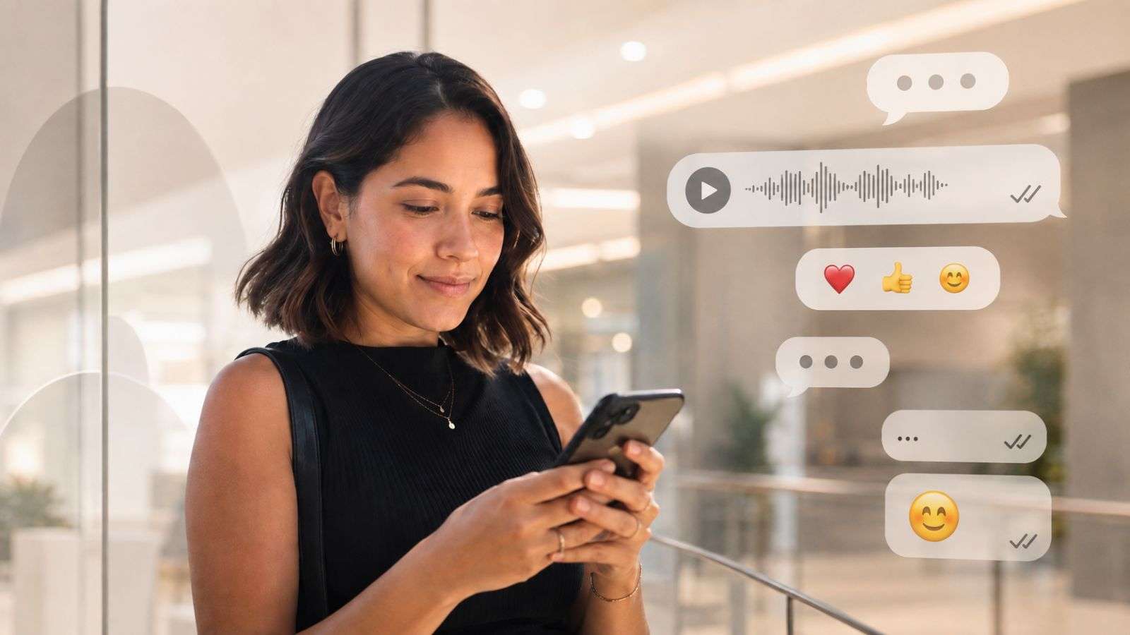 Mujer joven interactuando con mensajes y señales digitales en un entorno contemporáneo