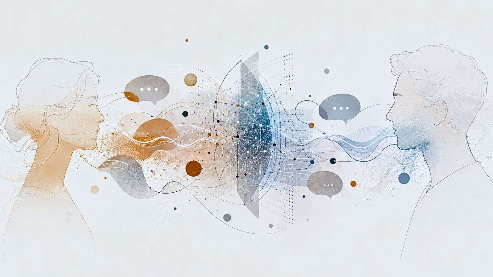 Composición conceptual con dos presencias humanas conectadas por mensajes digitales y una capa visual que sugiere mediación de inteligencia artificial.