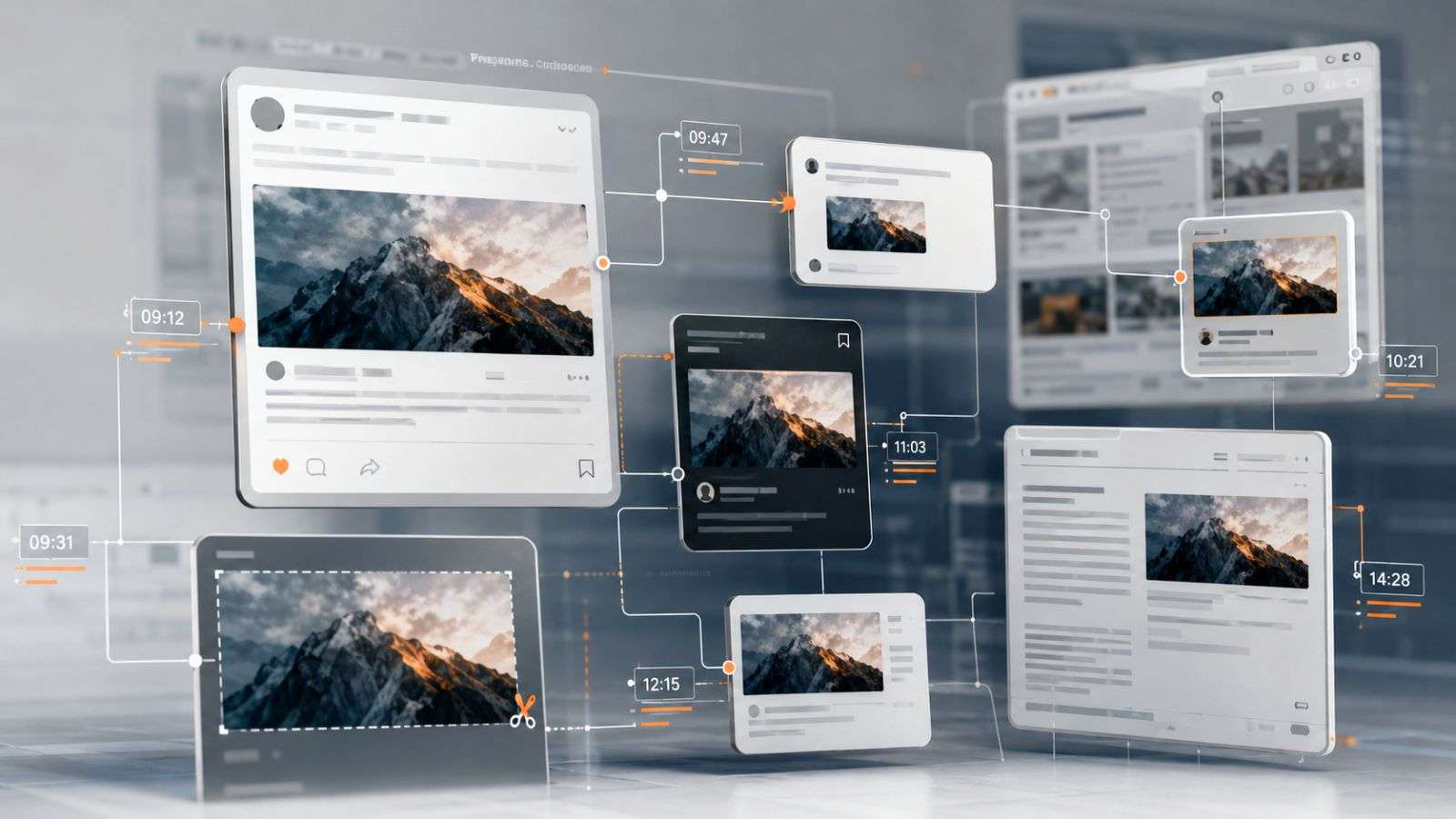 Capas de un mismo contenido digital aparecen en distintos contextos y sugieren su recorrido y permanencia en internet.