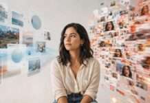 Mujer joven rodeada de capas de información digital que sugieren distintas formas de interpretar contenidos en internet.