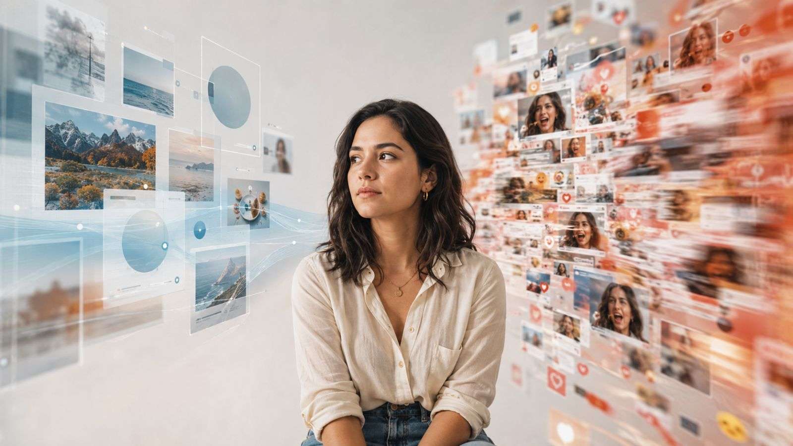 Mujer joven rodeada de capas de información digital que sugieren distintas formas de interpretar contenidos en internet.