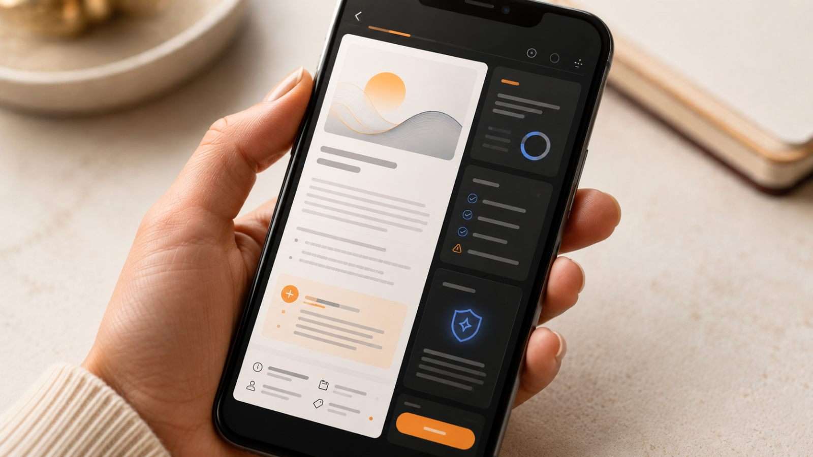 Smartphone con interfaz de revisión editorial de contenido digital en un entorno contemporáneo