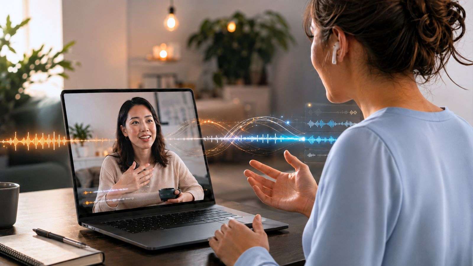 Escena conceptual de comunicación digital con traducción de voz en tiempo real integrada en una videollamada.