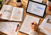 Mesa de estudio con libro, apuntes, ejercicios y una tablet utilizada como apoyo durante el aprendizaje.