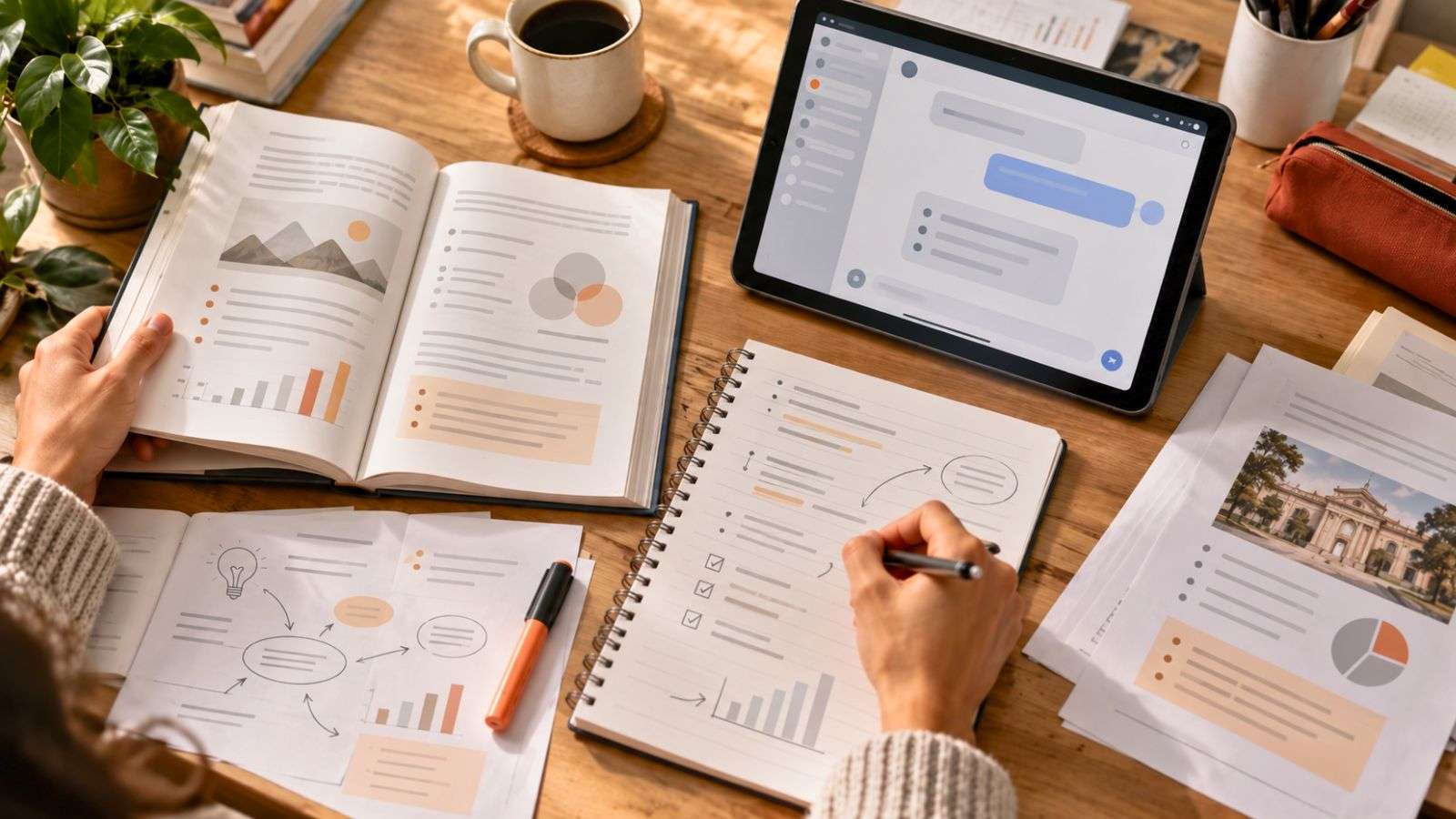 Mesa de estudio con libro, apuntes, ejercicios y una tablet utilizada como apoyo durante el aprendizaje.
