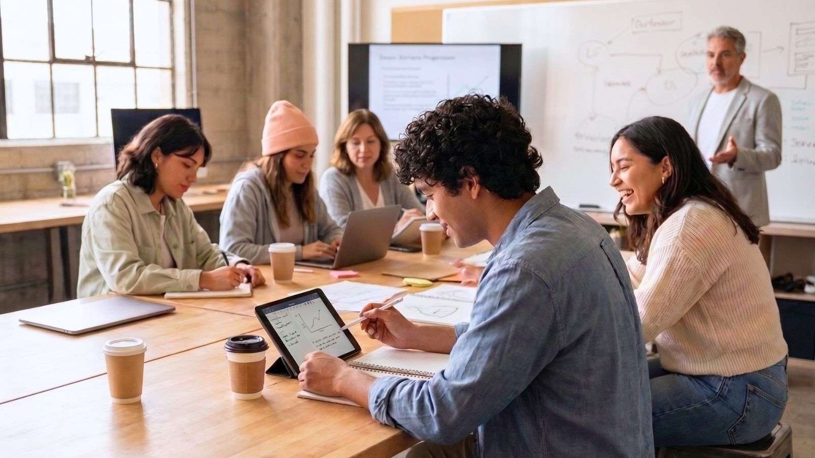 Estudiantes universitarios siguen una clase mientras uno de ellos consulta un celular como apoyo durante el aprendizaje.