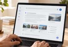 Hacia dónde seguirá la búsqueda en internet con IA Manos adultas interactúan con una laptop que muestra una búsqueda inspirada en Google AI Mode.