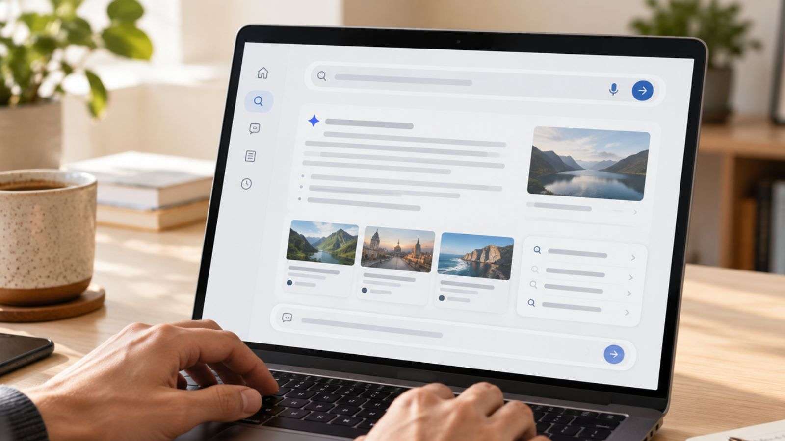 Manos adultas interactúan con una laptop que muestra una búsqueda inspirada en Google AI Mode.