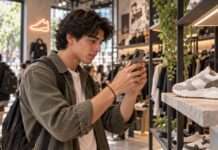 Joven utiliza la cámara de su teléfono para buscar información sobre un producto mediante una experiencia de búsqueda visual con IA.