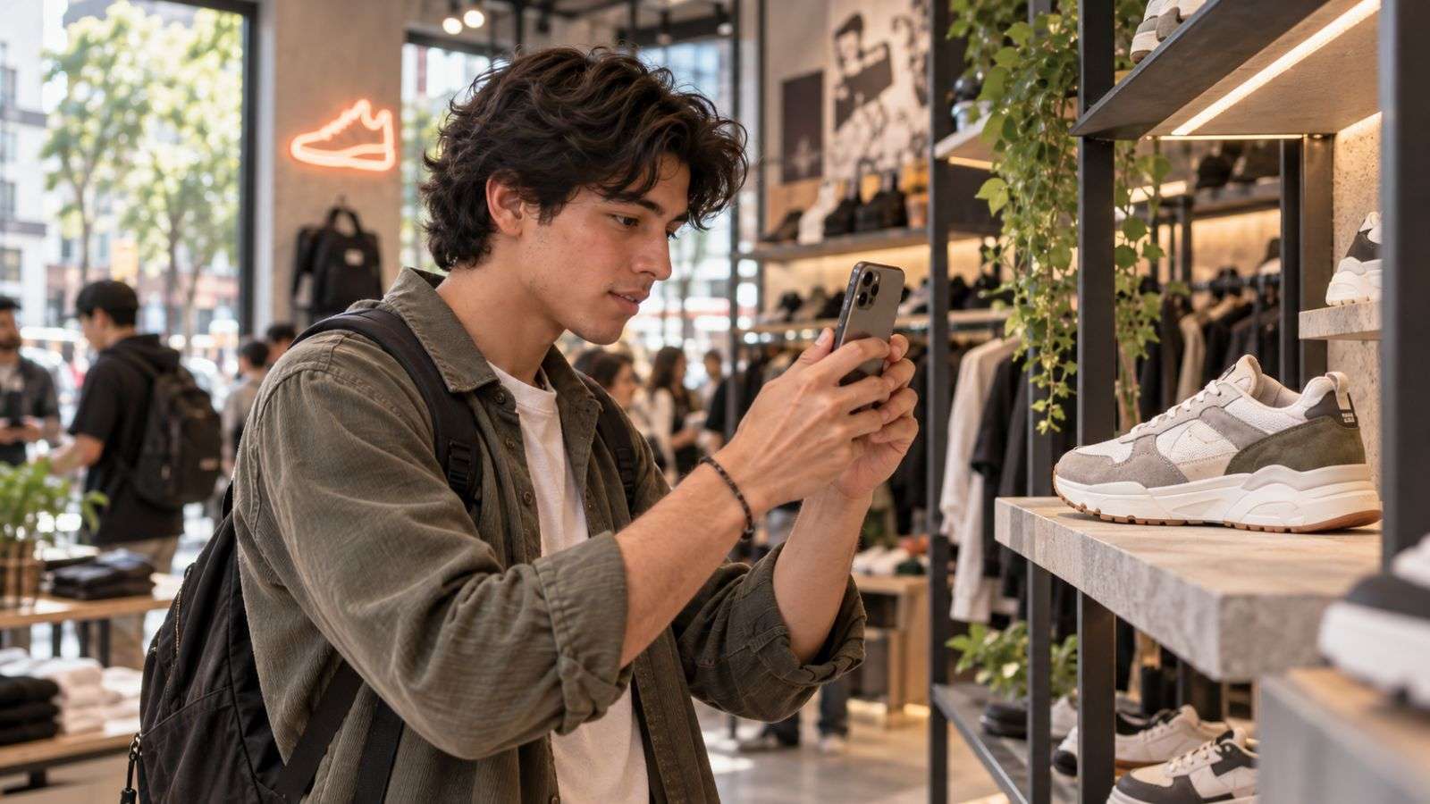 Joven utiliza la cámara de su teléfono para buscar información sobre un producto mediante una experiencia de búsqueda visual con IA.