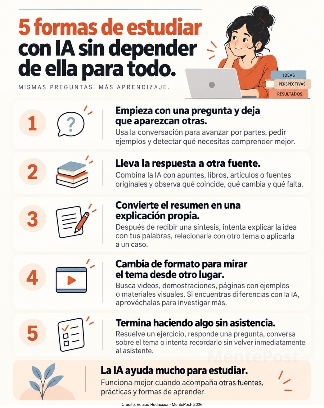 Infografía tipo checklist de cómo estudiar con IA sin dejar que haga todo por ti