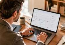 Hombre trabaja frente a una laptop con una interfaz de inteligencia artificial mientras revisa una tarea y supervisa el proceso.