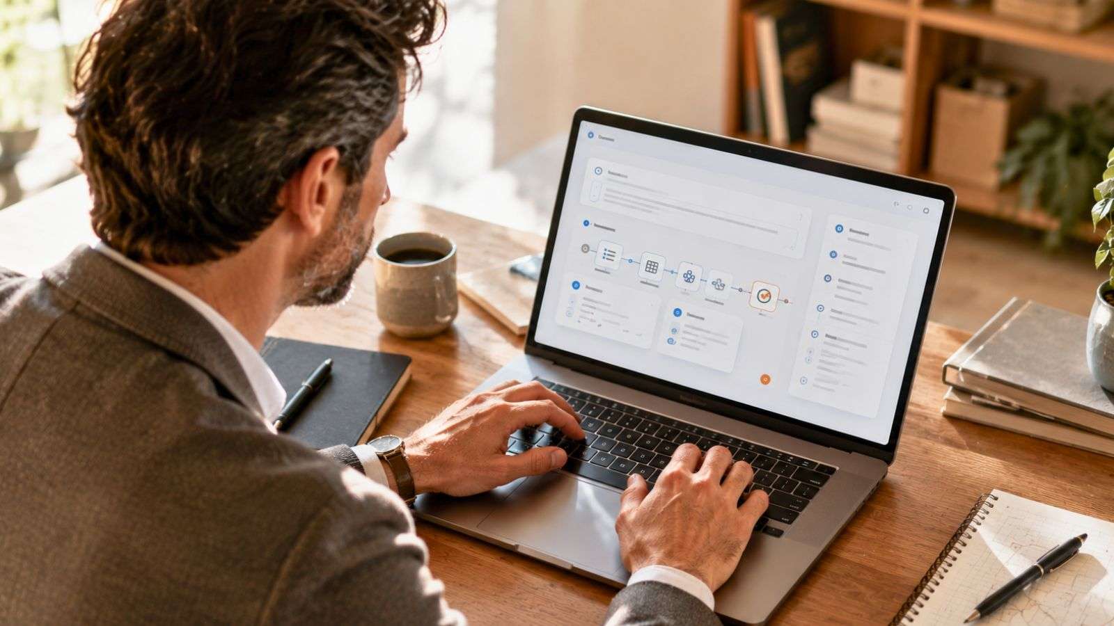 Hombre trabaja frente a una laptop con una interfaz de inteligencia artificial mientras revisa una tarea y supervisa el proceso.