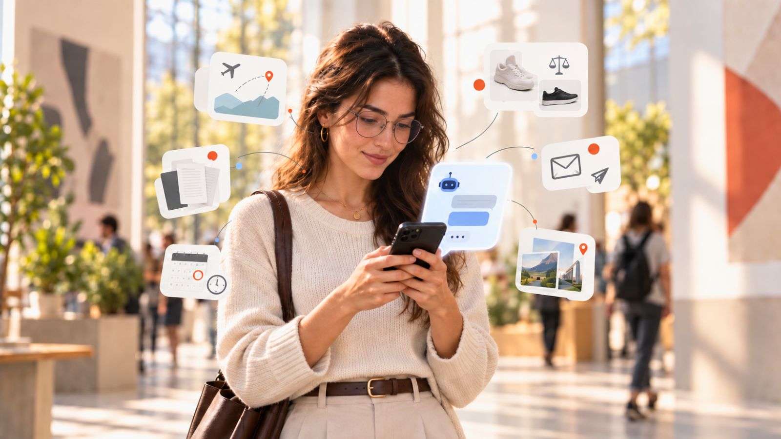 Persona revisa en su celular un chatbot de inteligencia artificial mientras considera distintas tareas que podría delegarle.