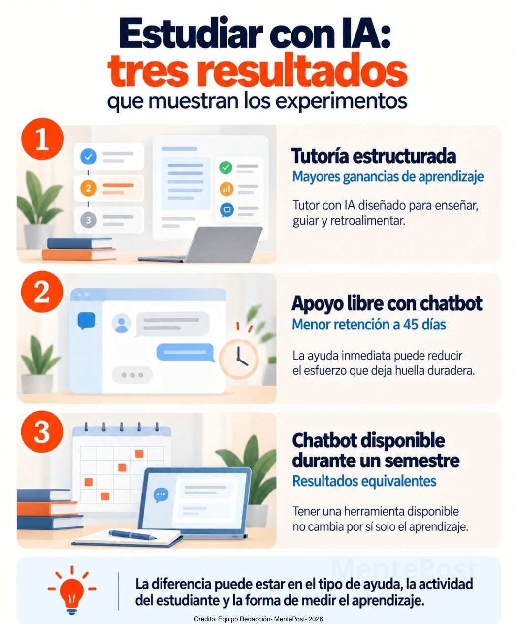 Esquema editorial sobre tres resultados distintos al estudiar con inteligencia artificial.