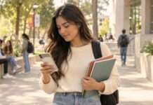 Cómo estudiar con IA sin dejar que haga todo por ti Estudiante universitaria consulta su celular en un campus mientras lleva cuaderno como apoyo para estudiar.