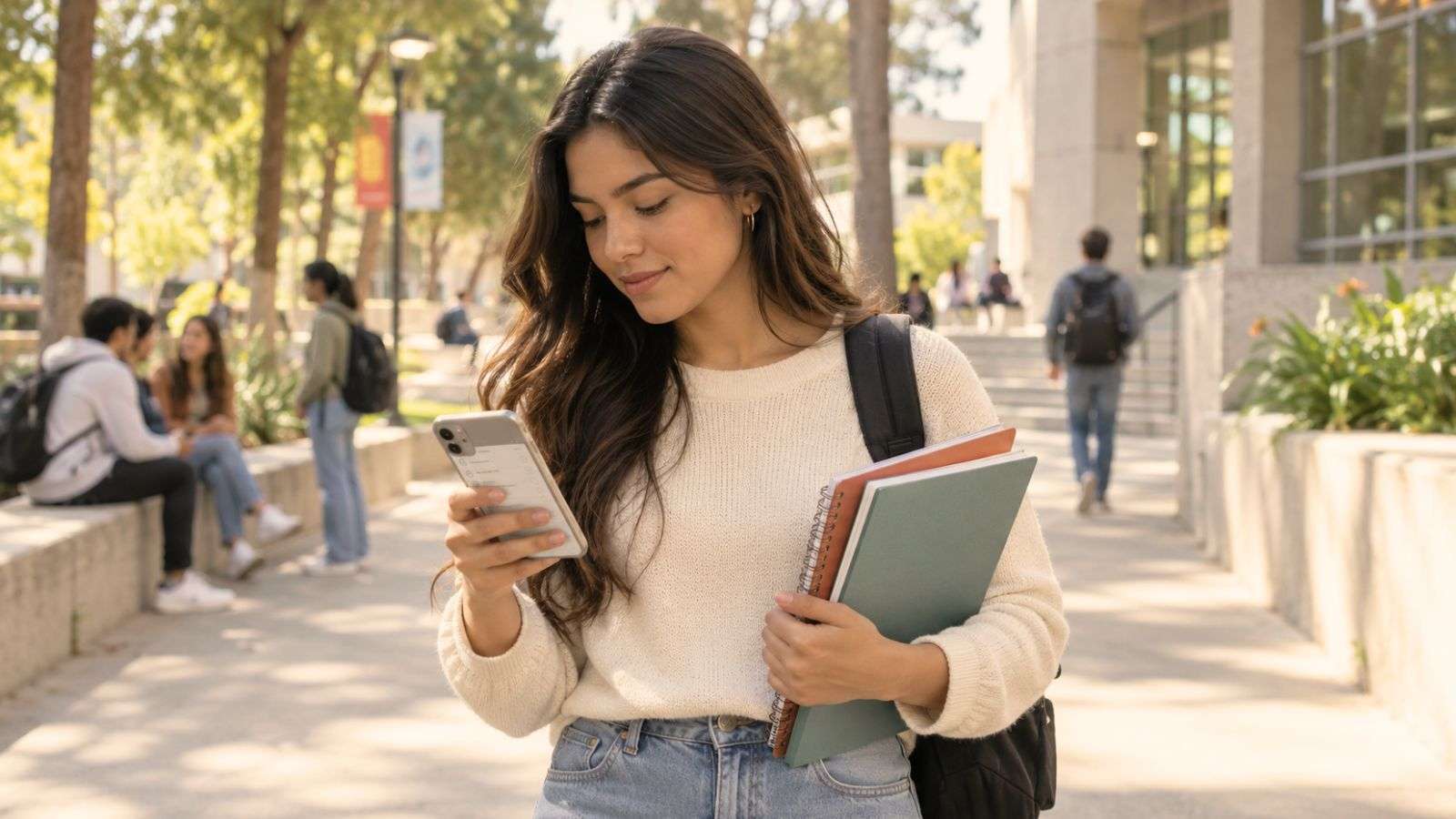 Estudiante universitaria consulta su celular en un campus mientras lleva cuaderno como apoyo para estudiar.