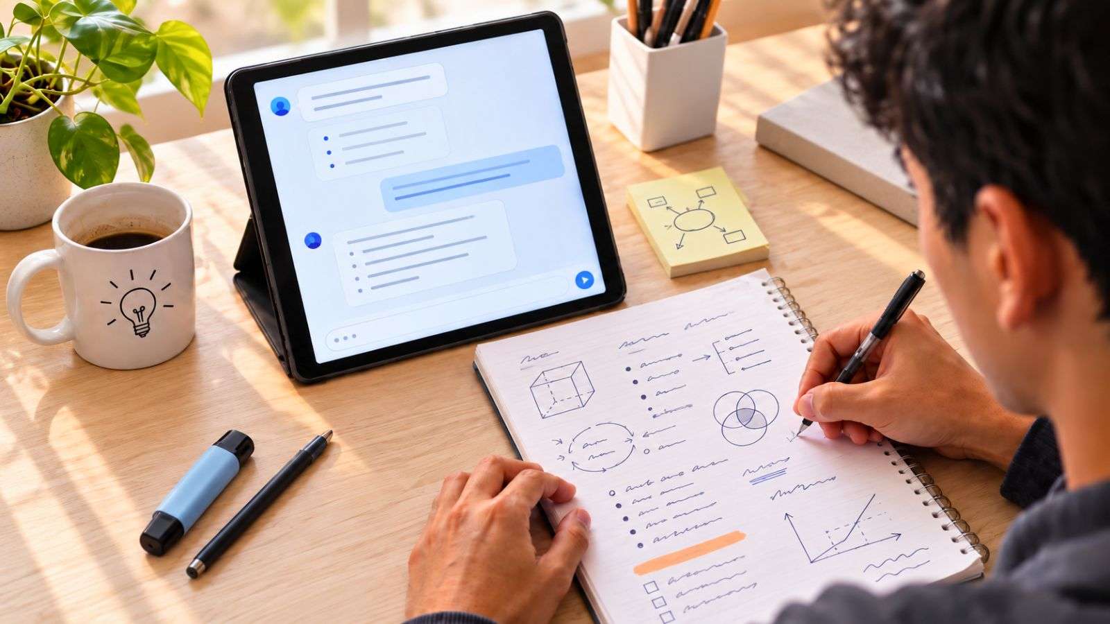 Estudiante universitario prepara un examen con apuntes y una tablet con apoyo de IA.
