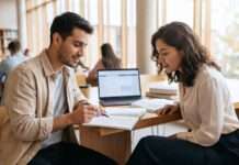 La IA puede ayudar a estudiar: cómo comprobar el aprendizaje Dos estudiantes universitarios revisan y explican un concepto con una libreta mientras una laptop permanece abierta sobre la mesa.