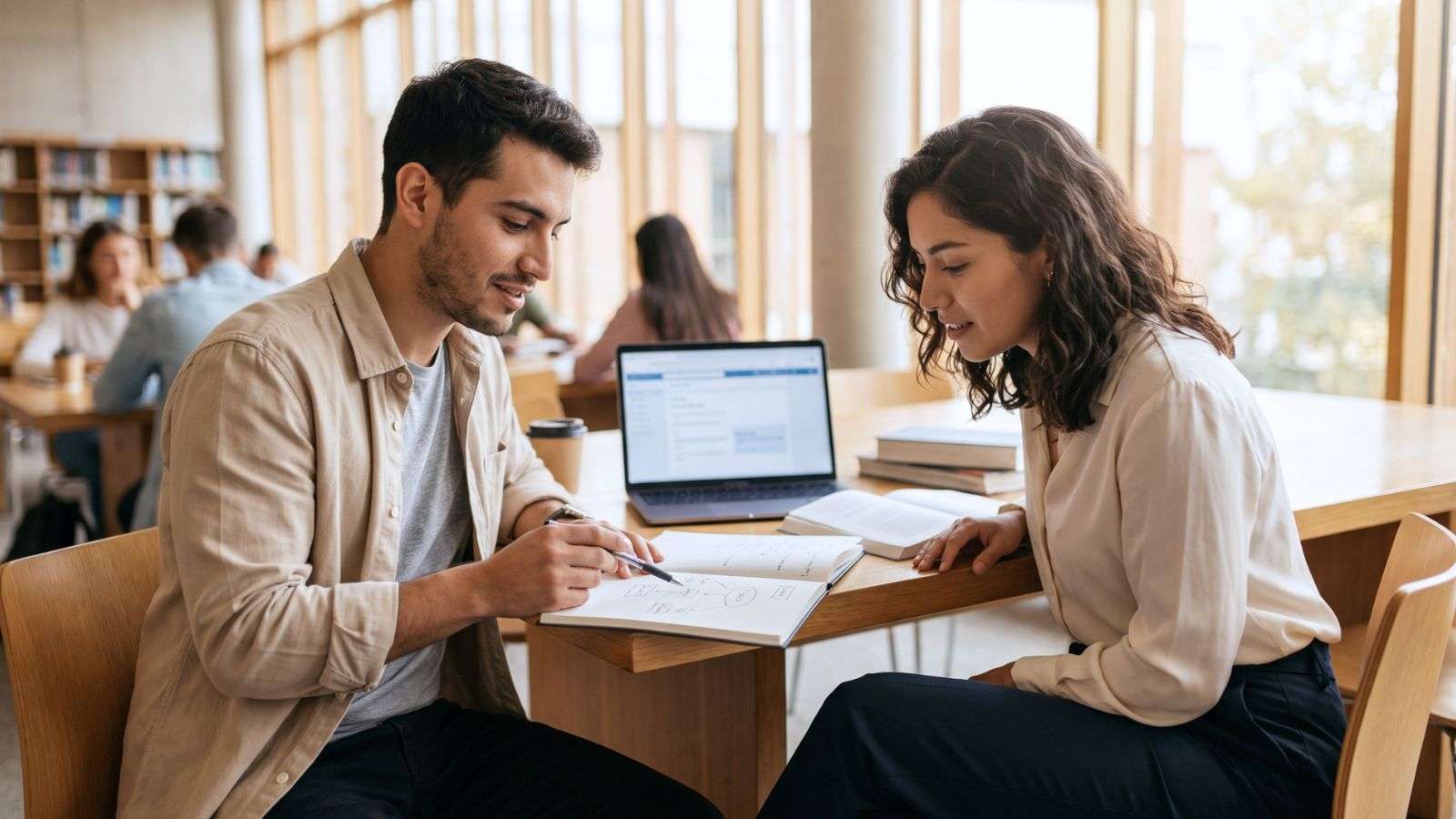 Dos estudiantes universitarios revisan y explican un concepto con una libreta mientras una laptop permanece abierta sobre la mesa.