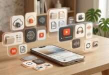 Celular con módulos visuales que representan funciones de suscripciones digitales.