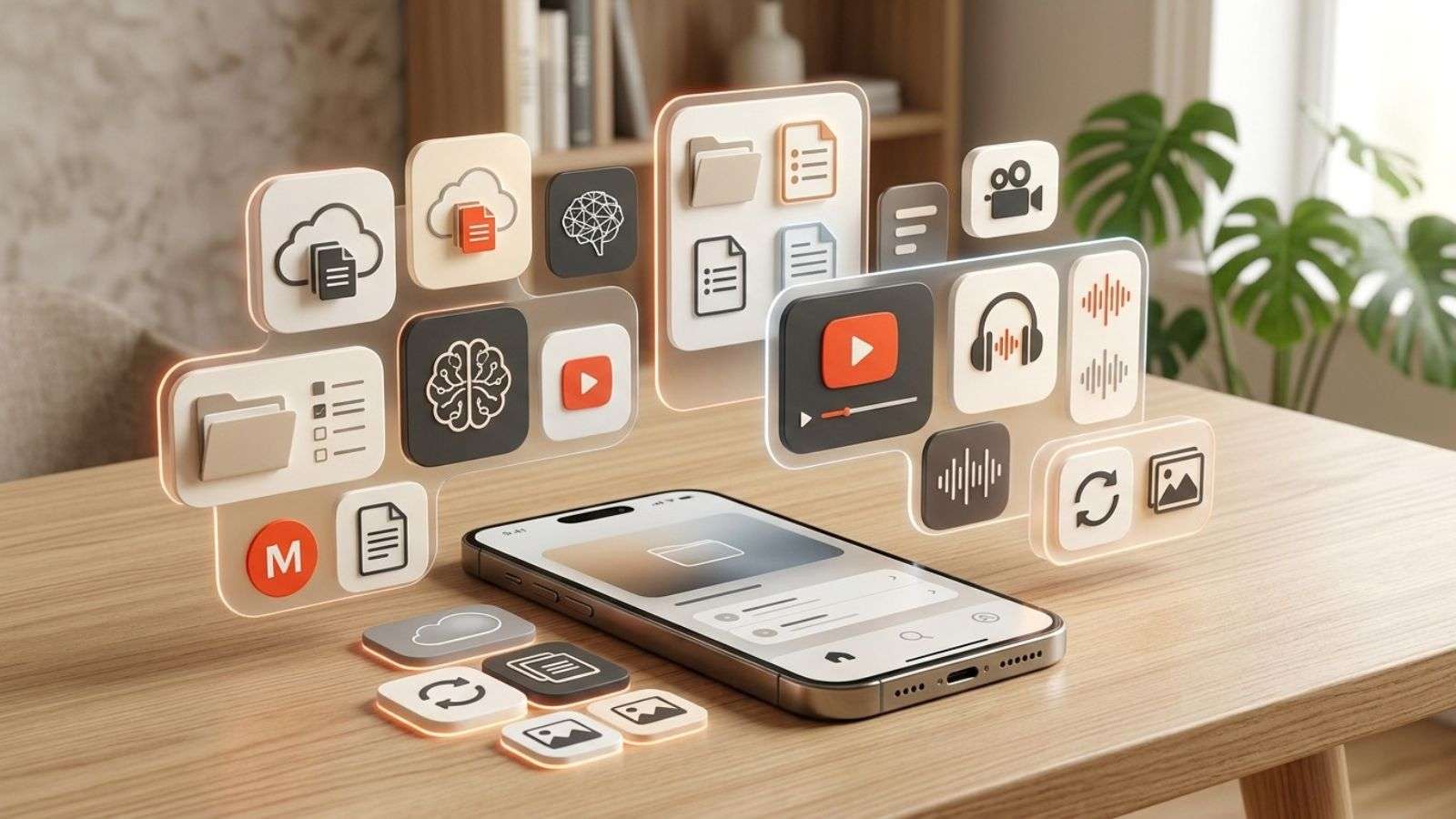 Celular con módulos visuales que representan funciones de suscripciones digitales.