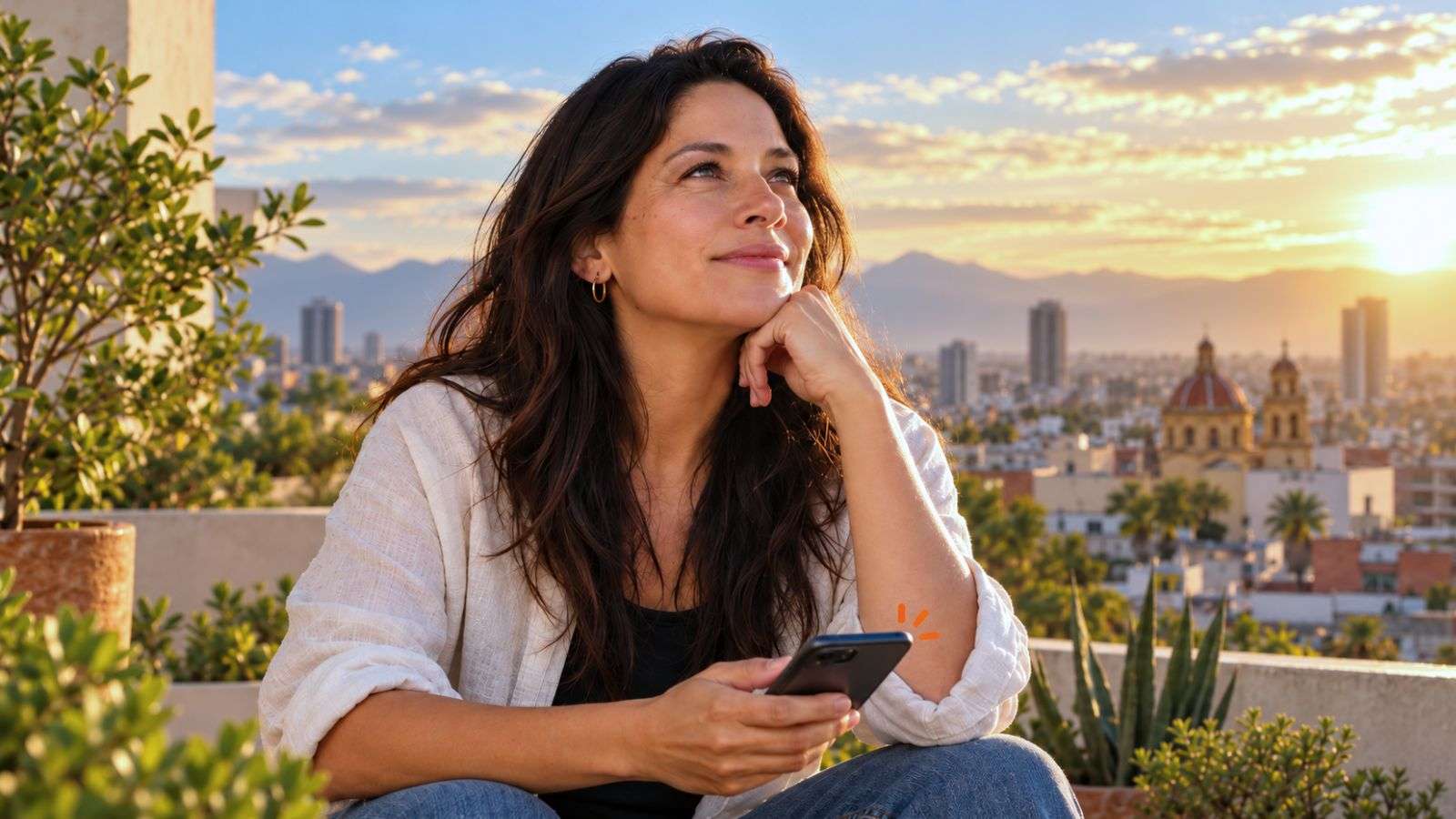 Mujer sola en una azotea contemporánea, con estilo ejecutivo casual, mientras consulta su teléfono en un momento de calma y reflexión.
