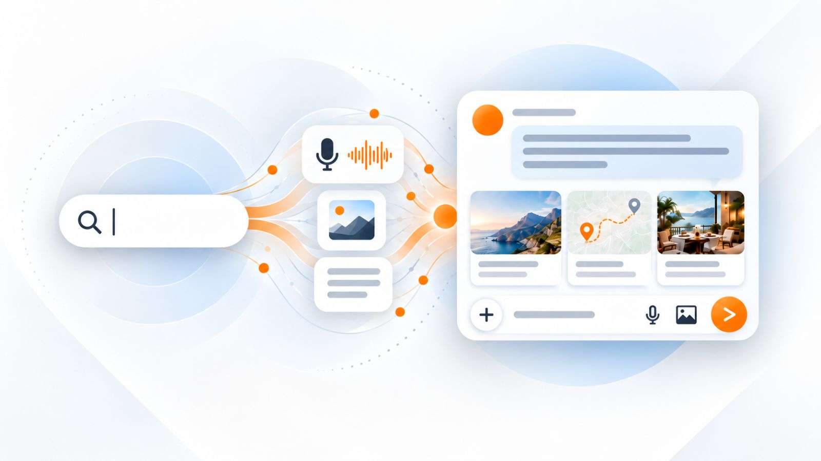 Interfaz de búsqueda que evoluciona hacia una experiencia conversacional y multimodal con inteligencia artificial.
