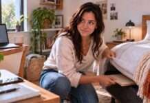 Mujer guarda documentos bajo el colchón en un espacio rodeado de dispositivos digitales.
