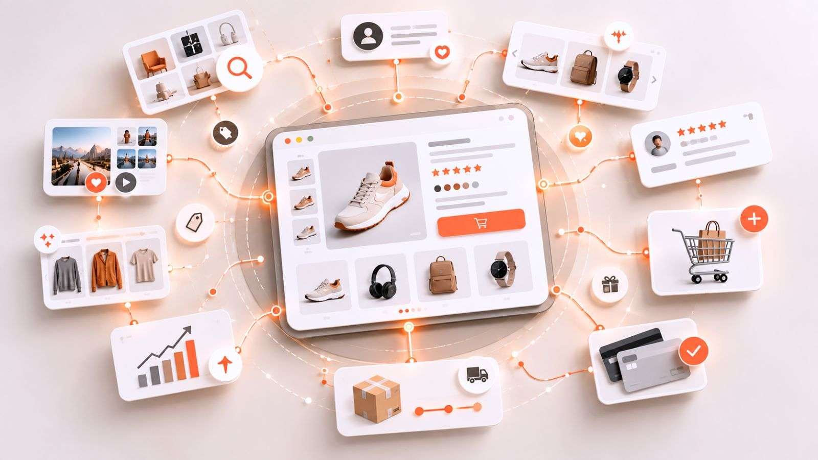 Ecosistema de compra digital conectado que representa cómo la inteligencia artificial participa en distintas etapas del recorrido comercial.