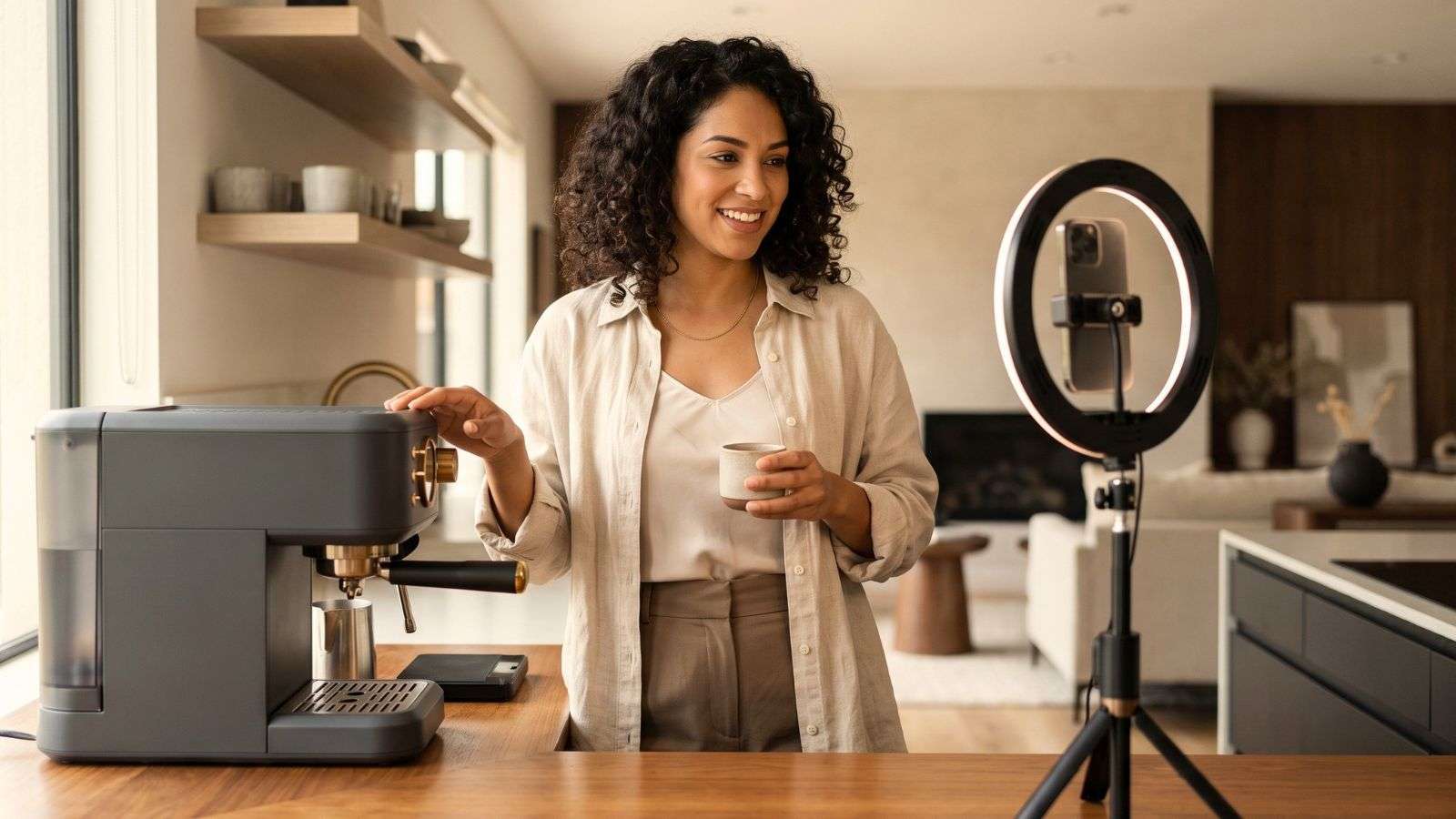 Creador de contenido graba una reseña de una cafetera frente a una cámara y un aro de luz.