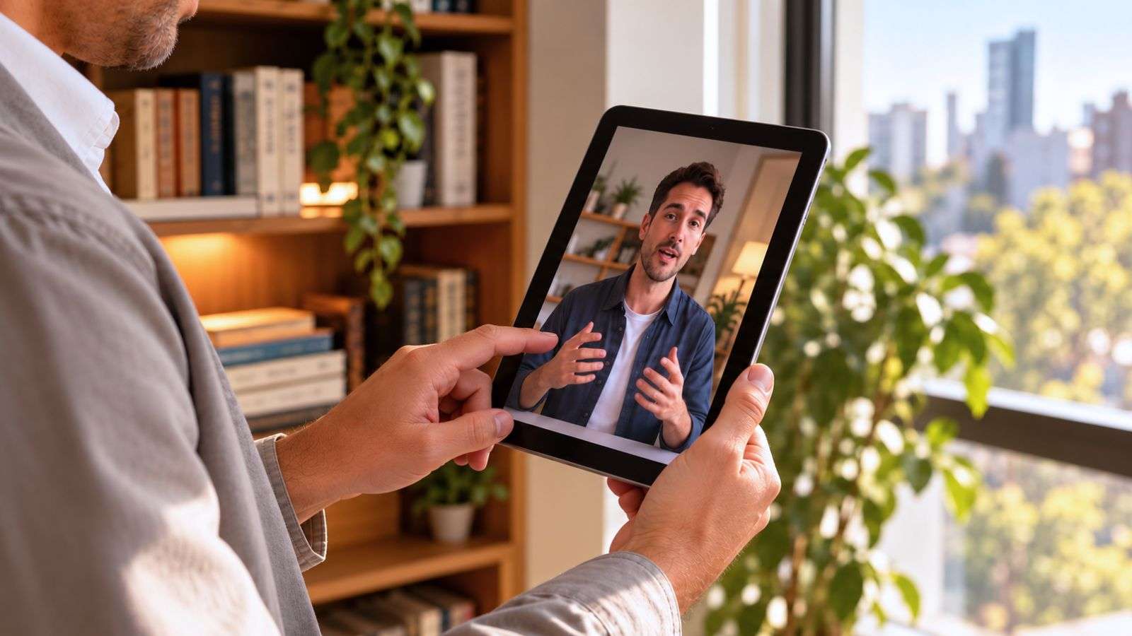 Persona consulta en una tablet un video de un creador de contenido que explica una noticia.