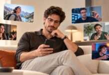 Joven adulto observa su celular mientras distintas ventanas con creadores de contenido de varias categorías aparecen a su alrededor.