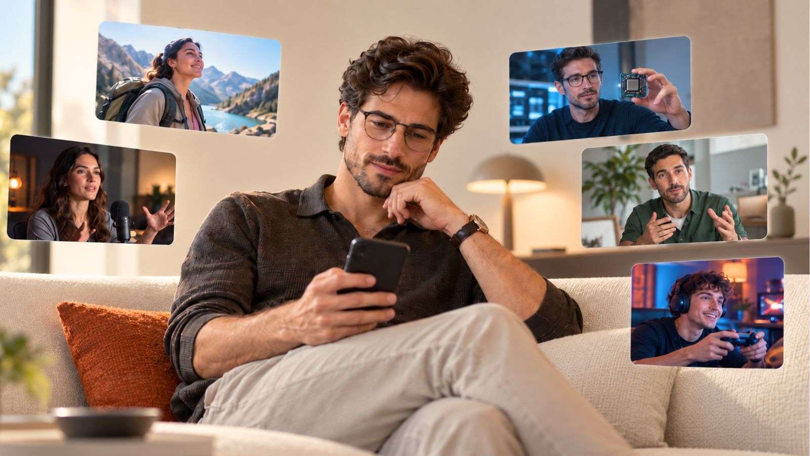 Joven adulto observa su celular mientras distintas ventanas con creadores de contenido de varias categorías aparecen a su alrededor.