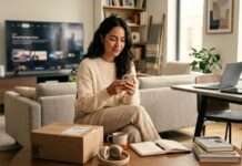 Mujer joven en casa rodeada de dispositivos, compras y objetos vinculados a servicios digitales cotidianos.