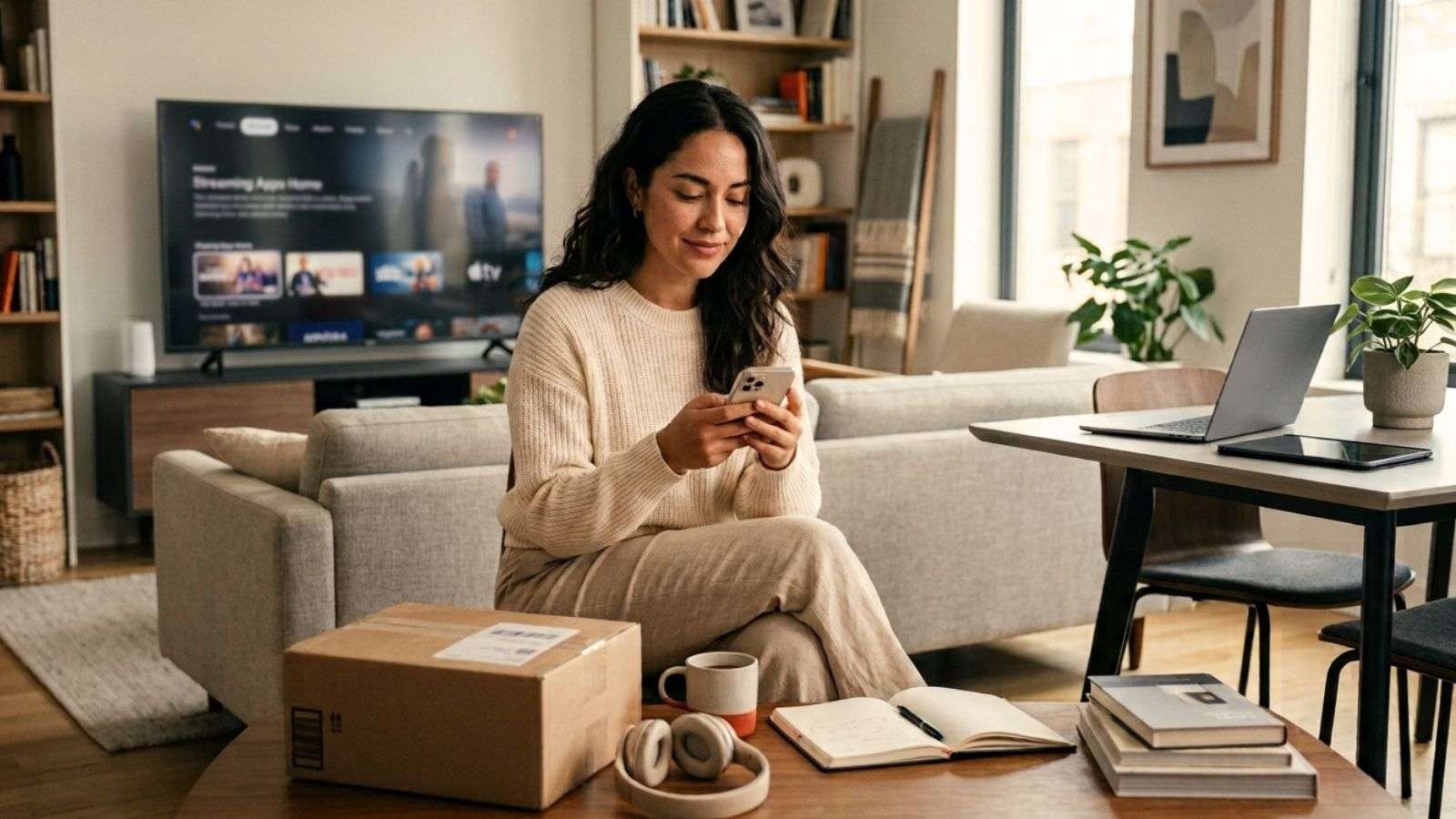 Mujer joven en casa rodeada de dispositivos, compras y objetos vinculados a servicios digitales cotidianos.