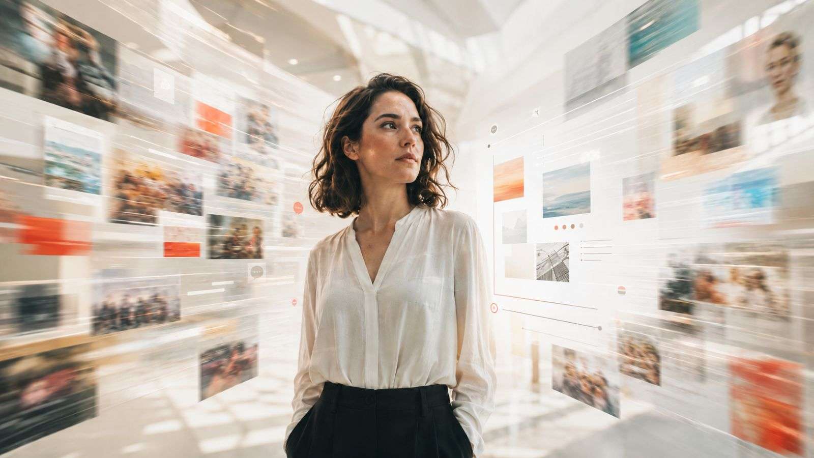 Mujer en medio de una corriente de contenidos digitales que representa la velocidad de publicar y la necesidad de detenerse a evaluar lo que compartimos.